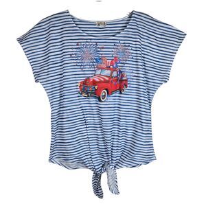One World Patriotic T-Shirt M Striped Fireworks Truck Flag Americana 4th of July
